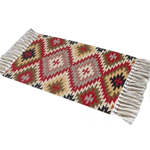 Aniyan Teppich 60x150 cm Boho Baumwollteppich Waschbar mit Quasten, Webteppich Faltbar für Camping Outdoor, Wohnzimmer Schlafzimmer Küche Flur, Handgewebter Antirutsch Läufer (Stil F) von Aniyan