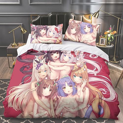 Anjinguang Nekopara Anime 3-teiliges Bettwäsche-Set, 3-teilig, Schokoladenbraun/Vanille, 3D, Einzelbett/Doppelbett/King-Size-Bett, Cartoon, superweicher Bettbezug mit Kissenbezug, für Jungen und von Anjinguang