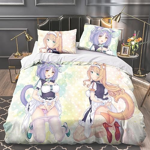 Anjinguang Nekopara Anime 3-teiliges Bettwäsche-Set, 3-teilig, Schokoladenbraun/Vanille, 3D, Einzelbett/Doppelbett/King-Size-Bett, Cartoon, superweicher Bettbezug mit Kissenbezug, für Jungen und von Anjinguang