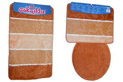 Anka Textil Badgarnitur 3-Teilig Badmatte Bad Set 85x55cm Hänge WC Streifen Eckig (Terrakotta) von Anka Textil