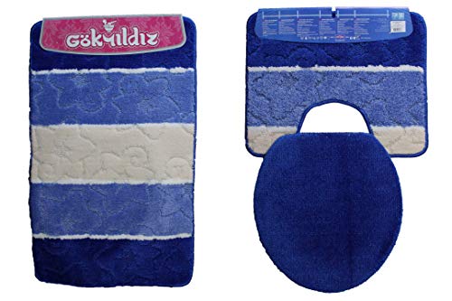 Anka Textil Badgarnitur 3-Teilig Badmatte Bad Set 85x55cm Hänge WC Streifen mit Ausschnitt (Königsblau) von Anka Textil