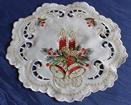Anka Textil Weihnachts-Tischdecke Tischläufer Mitteldecke Tisch-Deckchen mit Weihnachtskerzen Motiven Stickerei Weihnachtsdeko Creme-Rot Größenwahl (40cm Rund) von Anka Textil