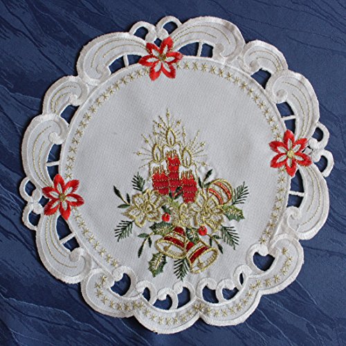 Anka Textil Weihnachts-Tischdecke Tischläufer Mitteldecke Tisch-Deckchen mit Weihnachtskerzen Motiven Stickerei Weihnachtsdeko Weiß-Rot Größenwahl (30cm Rund) von Anka Textil