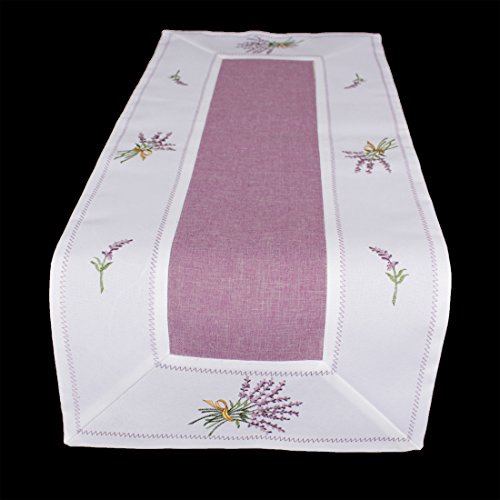 Tischdecke Tischläufer Mitteldecke Deckchen Stickerei Weiß Lila leinen Optik (40x90cm) von Anka Textil