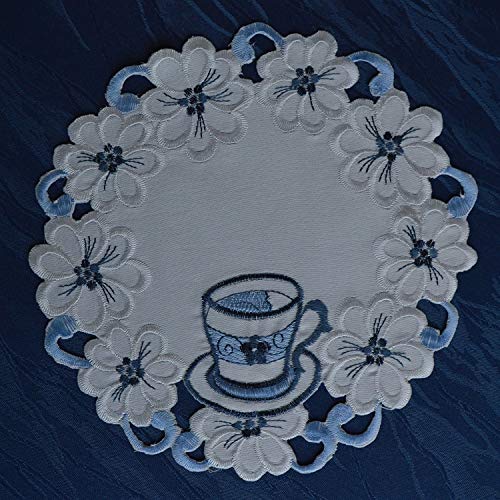 Tischdecke Tischläufer Mitteldecke Tisch-Deckchen Deko Blau Weiß Kaffee Motiven Stickerei Größenwahl (20cm Rund) von Anka Textil