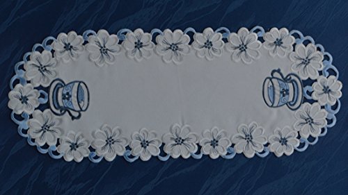 Tischdecke Tischläufer Mitteldecke Tisch-Deckchen Deko Blau Weiß Kaffee Motiven Stickerei Größenwahl (22x55 cm) von Anka Textil