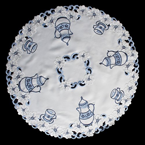Tischdecke Tischläufer Mitteldecke Tisch-Deckchen Deko Blau Weiß Kaffee Motiven Stickerei Größenwahl (60cm Rund) von Anka Textil