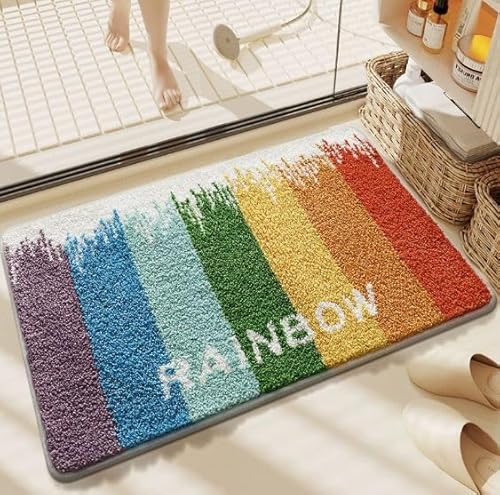Ankah Regenbogen-Badteppich, gestreift, halbmondförmig, bunt, Boho-Beflockung, weiche Faser, sehr saugfähig, rutschfest, langlebig, maschinenwaschbar, ideal für Zuhause (Rechteck, 50 x 80 cm) von Ankah