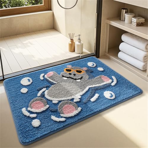 Ankah Tier-Badematte, niedlicher Cartoon-Badezimmerteppich, Komfortteppich, extra saugfähig, weich, schnell trocknend, maschinenwaschbar, Badteppich für WC, Badewanne, Küche, 50 x 80 cm (Hippo) von Ankah