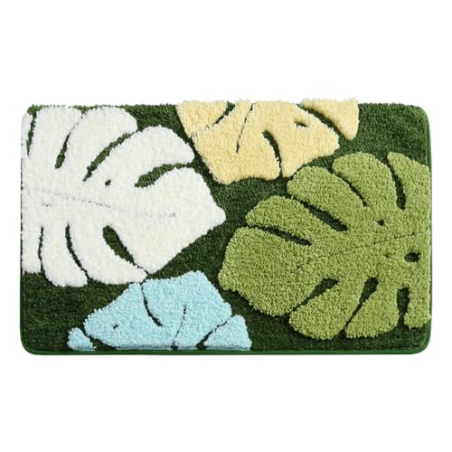 Ankah Tropisches Blatt Badezimmerteppich, grünes und weißes Monstera-Muster, rutschfeste Badematte (Blatttyp #4) von Ankah