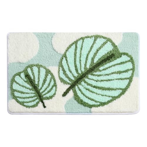 Ankah Tropisches Blatt Badezimmerteppich, grünes und weißes Monstera-Muster, rutschfeste Badematte (Blatttyp #5) von Ankah