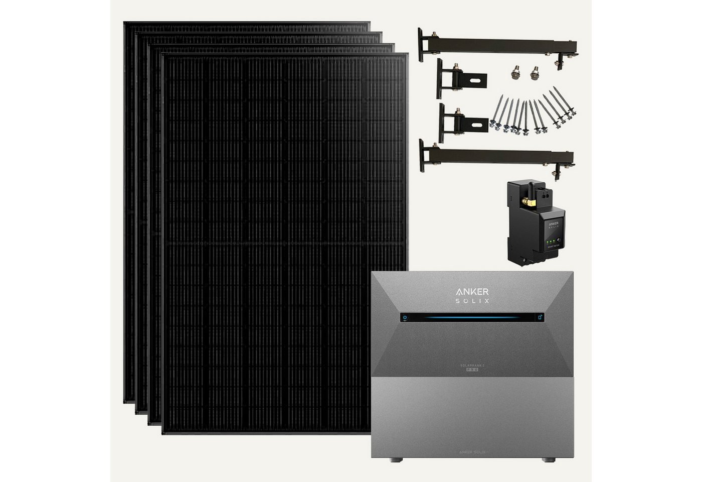 Anker Balkonkraftwerk, 1740 W, N typ Glas-Glas, Vollschwarz, (4 Solarmodule mit AIO Speicher und Smarter Zähler und Halterung), integriertem Wechselrichter, Wifi, Bluetooth, IP67 von Anker