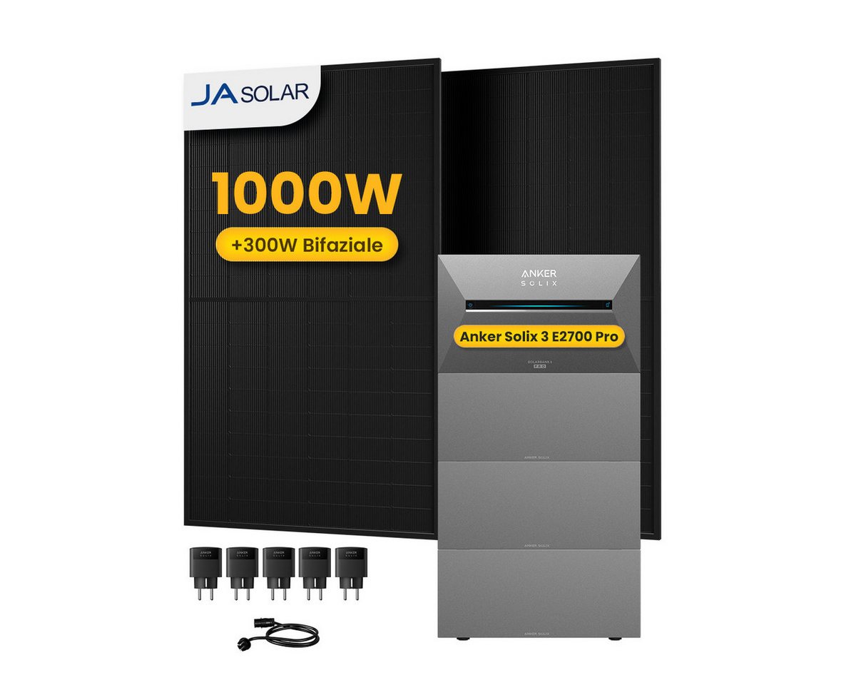 Anker Balkonkraftwerk 1000W Anker SOLIX Solarbank 3 E2700 Pro mit Zusatzsakku und Smart Plug, (Smart Plug und 2x JASolar 500Wp Full Black im Lieferumfang enthalten), Speicher mit integriertem Wechselrichter, All-in-One 2,668kWh Akku von Anker