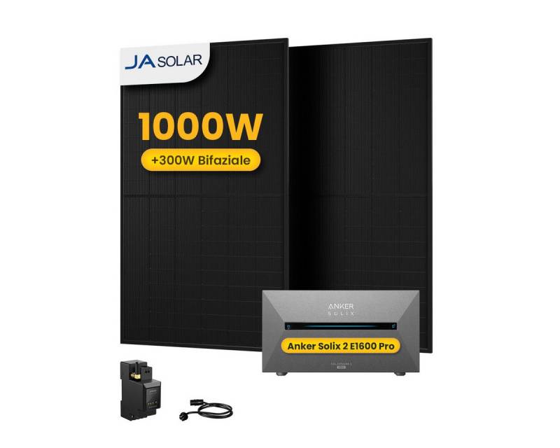 Anker Balkonkraftwerk 1000W Solaranlage Anker Solix Solarbank 2 E1600 Pro Speicher, (2x JA Solar 500Wp Paneele und Smart Meter im Lieferumfang enthalten), Speicher mit integriertem Wechselrichter, All-in-One 1600 Wh Akku von Anker
