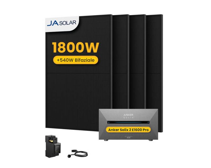 Anker Balkonkraftwerk 1800W Solaranlage Anker Solix Solarbank 2 E1600 Pro mit Smart Meter, (4xJA Solar450Wp Paneele und Smart Meter im Lieferumfang enthalten), Speicher mit integriertem Wechselrichter, All-in-One 1600 Wh Akku von Anker