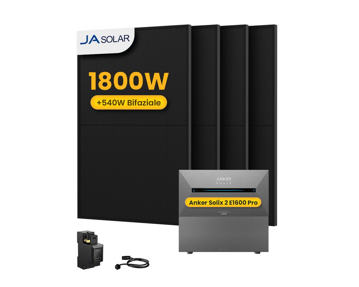 Anker Balkonkraftwerk 1800W Solaranlage Anker Solix Solarbank 2 E1600 Pro mit Smart Meter, (4xJA Solar450Wp Paneele und Smart Meter im Lieferumfang enthalten), Speicher mit integriertem Wechselrichter, All-in-One 1600 Wh Akku von Anker