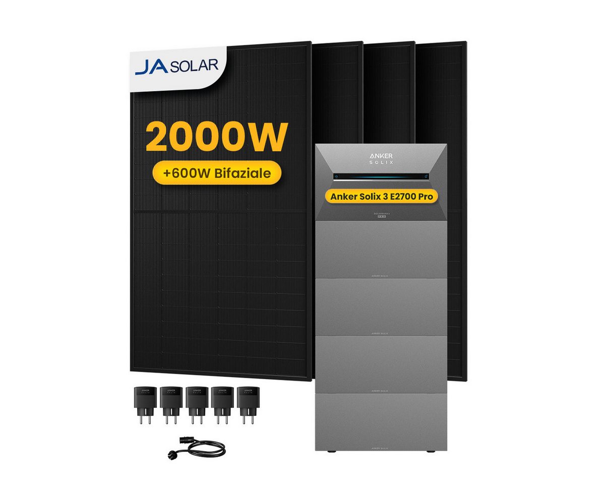 Anker Balkonkraftwerk 2000W Anker SOLIX Solarbank 3 E2700 Pro mit Zusatzsakku und Smart Plug, (5xSmart Plug und 4xJASolar 500Wp Solarmodule im Lieferumfang enthalten), Speicher mit integriertem Wechselrichter, All-in-One 2,668kWh Akku von Anker