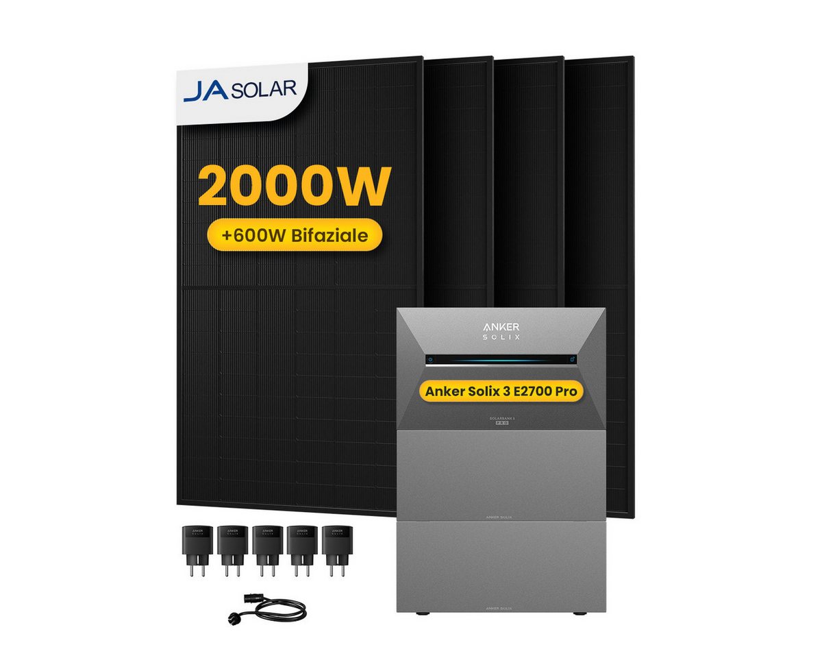 Anker Balkonkraftwerk 2000W Anker SOLIX Solarbank 3 E2700 Pro mit Zusatzsakku und Smart Plug, (5xSmart Plug und 4xJASolar 500Wp Solarmodule im Lieferumfang enthalten), Speicher mit integriertem Wechselrichter, All-in-One 2,668kWh Akku von Anker
