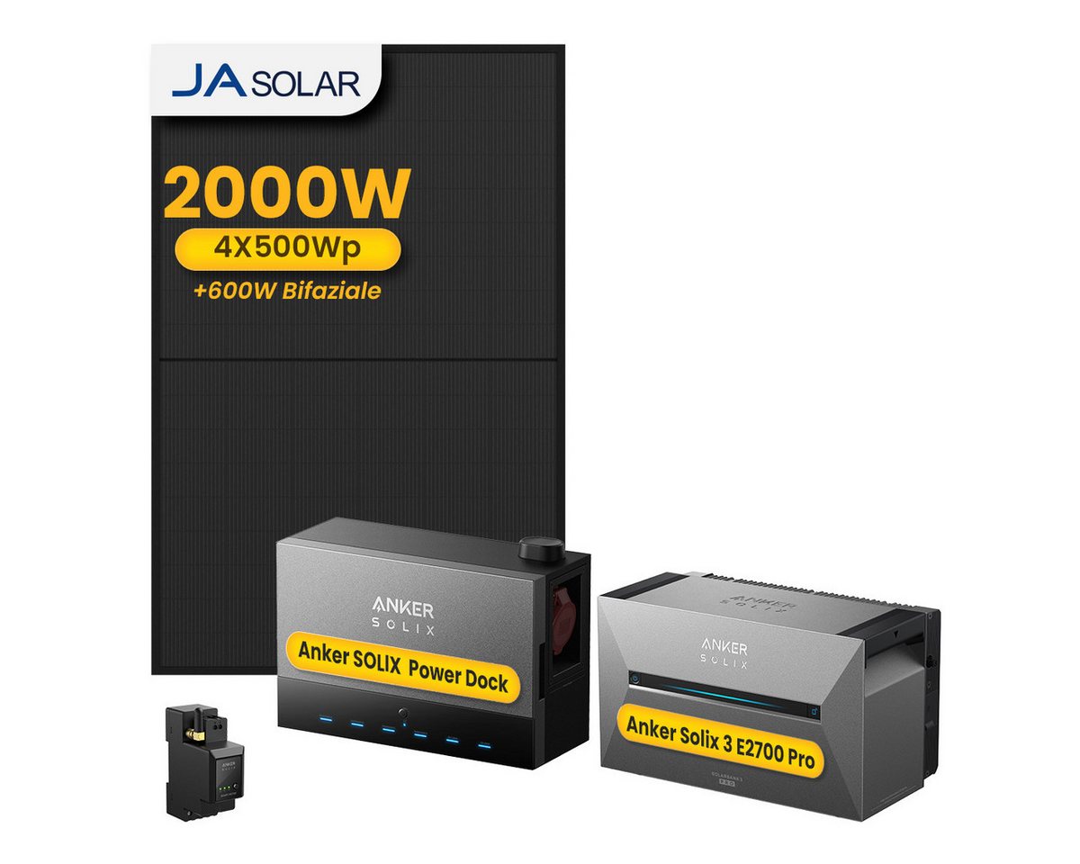 Anker Balkonkraftwerk 2000W Anker SOLIX Solarbank Power Dock mit Solarbank 3 Pro Speicher, (Power Dock und 4x JASolar 500Wp Solarmodule im Lieferumfang enthalten), Speicher mit integriertem Wechselrichter, All-in-One 2,68kWh Akku von Anker