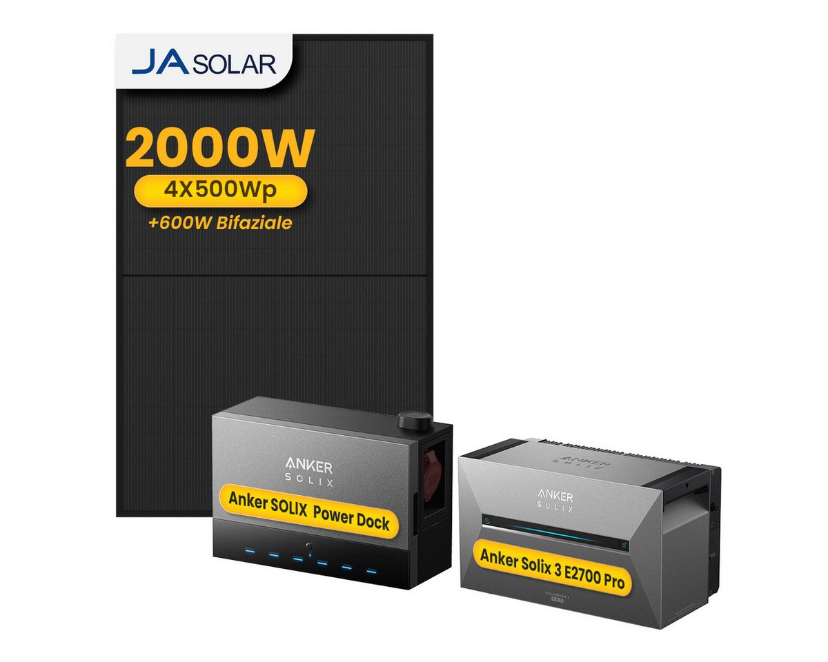 Anker Balkonkraftwerk 2000W Anker SOLIX Solarbank Power Dock mit Solarbank 3 Pro Speicher, (Power Dock und 4x JASolar 500Wp Solarmodule im Lieferumfang enthalten), Speicher mit integriertem Wechselrichter, All-in-One 2,68kWh Akku von Anker