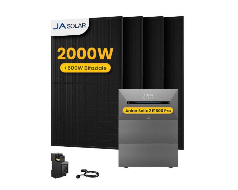 Anker Balkonkraftwerk 2000W Solaranlage Anker Solix Solarbank 2 E1600 Pro mit Smart Meter, (4xJA Solar 500Wp Paneele und Smart Meter im Lieferumfang enthalten), Speicher mit integriertem Wechselrichter, All-in-One 1600 Wh Akku von Anker