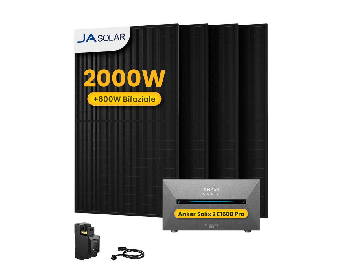 Anker Balkonkraftwerk 2000W Solaranlage Anker Solix Solarbank 2 E1600 Pro mit Smart Meter, (4xJA Solar 500Wp Paneele und Smart Meter im Lieferumfang enthalten), Speicher mit integriertem Wechselrichter, All-in-One 1600 Wh Akku von Anker