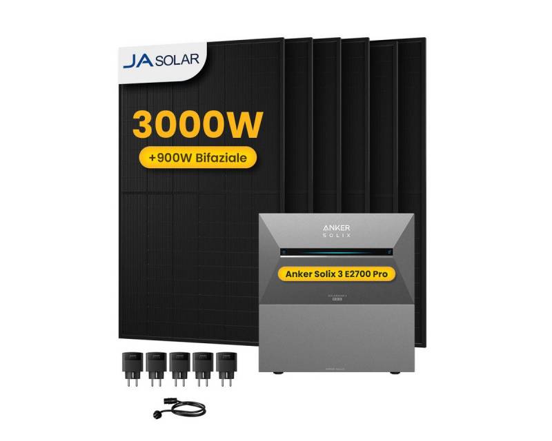 Anker Balkonkraftwerk 3000W Anker SOLIX Solarbank 3 E2700 Pro mit Zusatzsakku und Smart Plug, (5xSmart Plug und 6xJASolar 500Wp Solarmodule im Lieferumfang enthalten), Speicher mit integriertem Wechselrichter, All-in-One 2,668kWh Akku von Anker