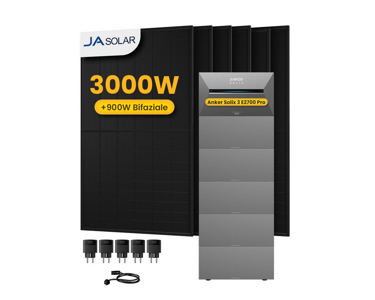 Anker Balkonkraftwerk 3000W Anker SOLIX Solarbank 3 E2700 Pro mit Zusatzsakku und Smart Plug, (5xSmart Plug und 6xJASolar 500Wp Solarmodule im Lieferumfang enthalten), Speicher mit integriertem Wechselrichter, All-in-One 2,668kWh Akku von Anker
