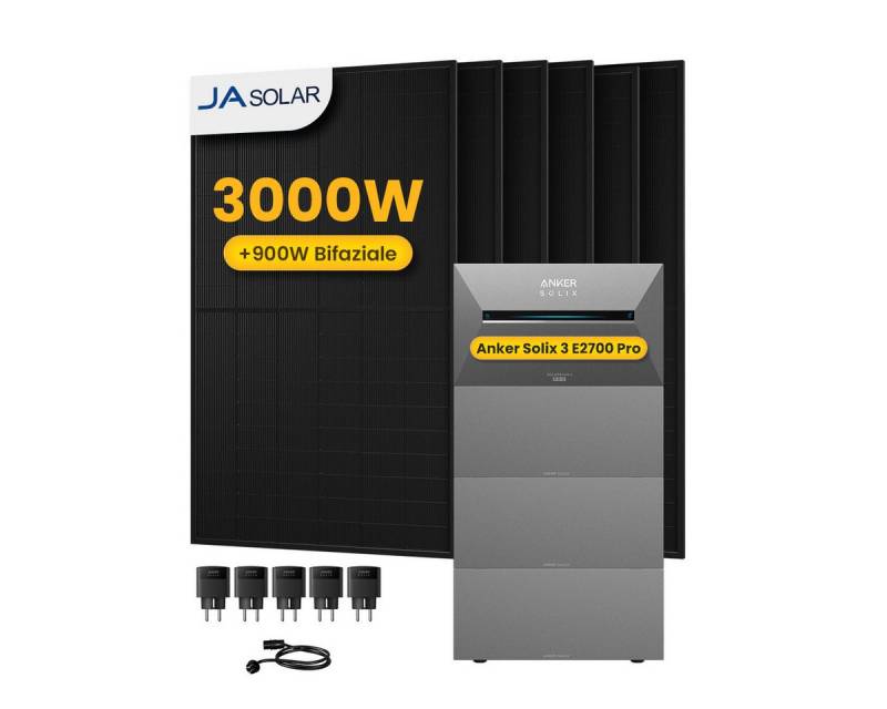 Anker Balkonkraftwerk 3000W Anker SOLIX Solarbank 3 E2700 Pro mit Zusatzsakku und Smart Plug, (5xSmart Plug und 6xJASolar 500Wp Solarmodule im Lieferumfang enthalten), Speicher mit integriertem Wechselrichter, All-in-One 2,668kWh Akku von Anker