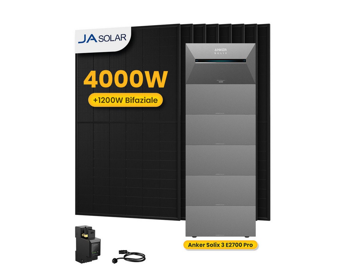 Anker Balkonkraftwerk 4000W Anker SOLIX Solarbank 3 E2700 Pro mit Smart Meter, Zusatzsakkus, (Smart Meter und 8x JASolar 500Wp Full Black im Lieferumfang enthalten), Speicher mit integriertem Wechselrichter, All-in-One 2,668kWh Akku von Anker