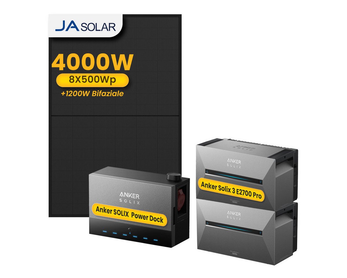 Anker Balkonkraftwerk 4000W Anker SOLIX Solarbank Power Dock mit Solarbank 3 Pro Speicher, (Power Dock und 8x JASolar 500Wp Solarmodule im Lieferumfang enthalten), Speicher mit integriertem Wechselrichter, All-in-One 2,68kWh Akku von Anker