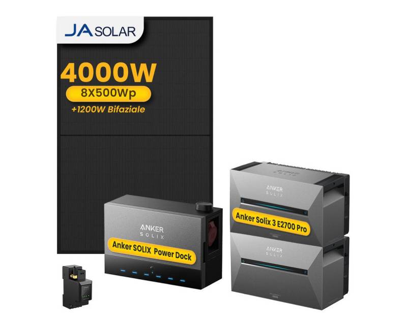 Anker Balkonkraftwerk 4000W Anker SOLIX Solarbank Power Dock mit Solarbank 3 Pro Speicher, (Power Dock und 8x JASolar 500Wp Solarmodule im Lieferumfang enthalten), Speicher mit integriertem Wechselrichter, All-in-One 2,68kWh Akku von Anker