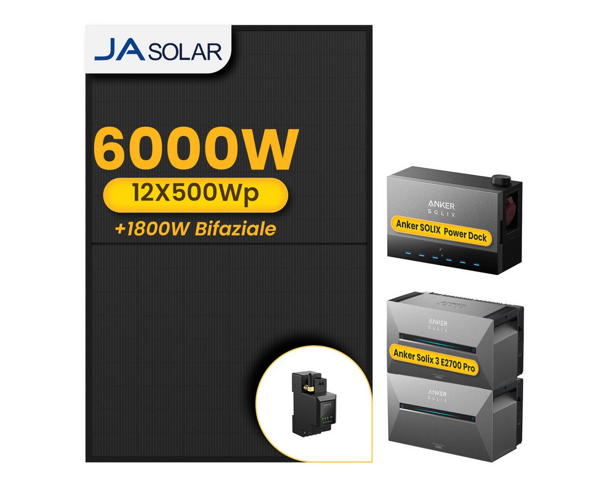 Anker Balkonkraftwerk 6000W Anker SOLIX Solarbank Power Dock mit Solarbank 3 Pro Speicher, (Power Dock und 12x JASolar 500Wp Solarmodule im Lieferumfang enthalten), Speicher mit integriertem Wechselrichter, All-in-One 2,68kWh Akku von Anker