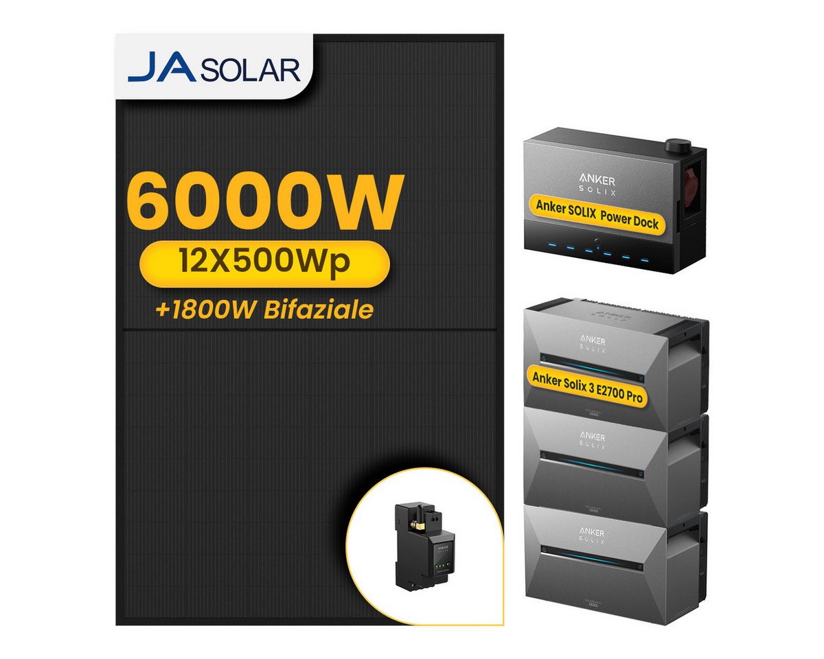 Anker Balkonkraftwerk 6000W Anker SOLIX Solarbank Power Dock mit Solarbank 3 Pro Speicher, (Power Dock und 12x JASolar 500Wp Solarmodule im Lieferumfang enthalten), Speicher mit integriertem Wechselrichter, All-in-One 2,68kWh Akku von Anker