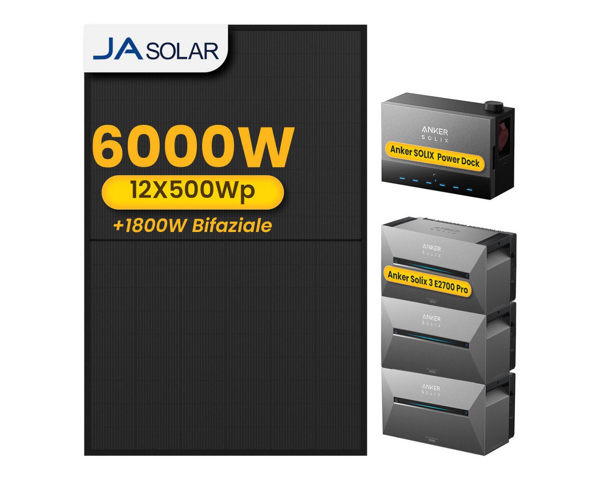 Anker Balkonkraftwerk 6000W Anker SOLIX Solarbank Power Dock mit Solarbank 3 Pro Speicher, (Power Dock und 12x JASolar 500Wp Solarmodule im Lieferumfang enthalten), Speicher mit integriertem Wechselrichter, All-in-One 2,68kWh Akku von Anker