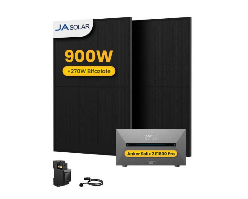 Anker Balkonkraftwerk 900W Solaranlage Anker Solix Solarbank 2 E1600 Pro Speicher, (2x JA Solar 450Wp Paneele und Smart Meter im Lieferumfang enthalten), Speicher mit integriertem Wechselrichter, All-in-One 1600 Wh Akku von Anker