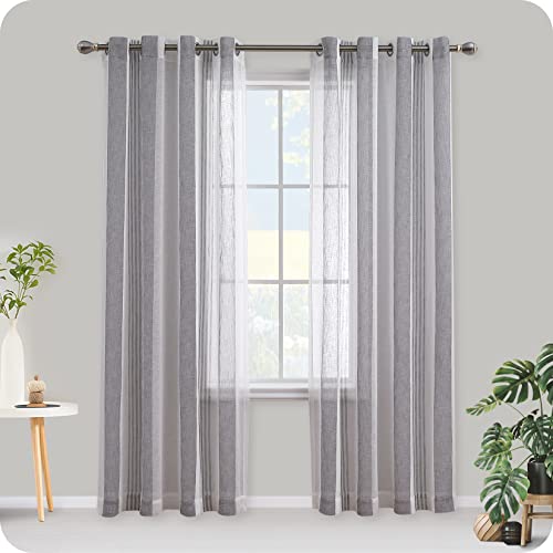 Ankhervert Gardinen Schlafzimmer Vorhänge Halbtransparent Gestreifte Vorhang in Leinenoptik Fenster aus Voile Polyester mit Ösen 2er Set 132x241cm Dunkelgrau von Ankhervert