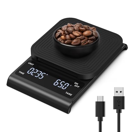 Ankilo Digitale Kaffeewaage mit Timer, 3kg/0,1g Hochpräzisions-Drip-Espresso-Waage, Wiederaufladbare Präzisions-Küchenwaage mit Auto-Tara, Küchenwaage mit großem HD-LED-Bildschirm, schwarz von Ankilo