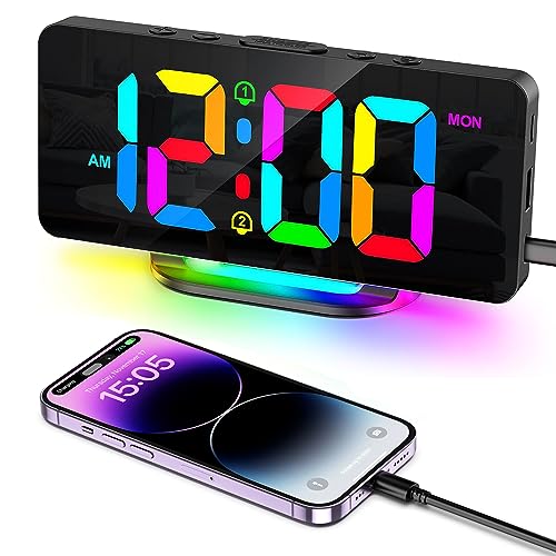 Ankilo Digitaler Wecker, große LED-Digitaluhr für Schlafzimmer mit 10 Farben RGB-Nachtlicht, 2 Alarmen, Schlummerfunktion, USB-Ladeanschluss, einstellbare Lautstärke und Helligkeit für schwere von Ankilo