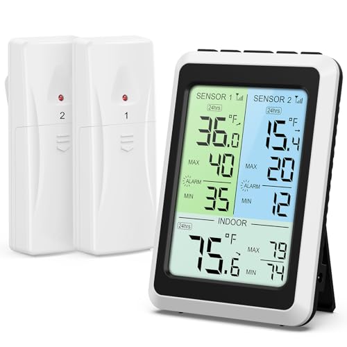 Ankilo Digitales Kühlschrankthermometer, Kabelloses Kühlschrankthermometer mit 2 Sensoren, Farb-LCD-Display & Max Min Aufzeichnungen, Temperaturalarmanzeige, ideal für kleine Kühlschränke, Küche Ankilo Digitales Kühlschrankthermometer, Kabelloses Kühlschrankthermometer mit 2 Sensoren, Farb-LCD-Display & Max Min Aufzeichnungen, Temperaturalarmanzeige, ideal für kleine Kühlschränke, Küche von Ankilo