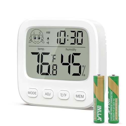 Ankilo Hygrometer Thermometer Indoor, Digitales Temperatur- und Luftfeuchtigkeitsmessgerät Mini-Wecker mit Temperatur- und Luftfeuchtigkeitsanzeige für Wohnzimmer, Gewächshaus, Indoor, Weiß von Ankilo