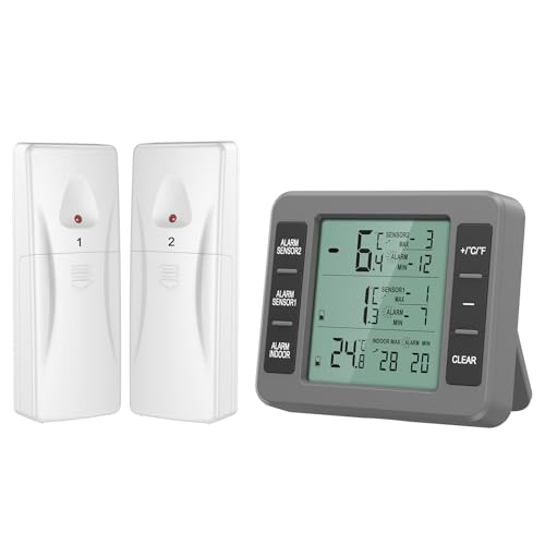 Ankilo Kühlschrankthermometer, Digital Thermometer mit 2 Sensoren,Gefrierschrank Thermometer kabellos mit LCD-Display,Temperatur Alarm,MIN/MAX,Temperatur Tester für Haus Grau von Ankilo