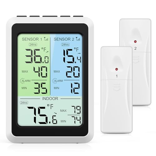 Ankilo Kühlschrankthermometer,Akustischer Alarmfunktionen, 4.5in LCD Farbbildschirm Anzeige mit 2 kabellosen Sensoren Kühlschrank/Gefrierschrank verfügbar,℃/℉,Hausgebrauch und Restaurant von Ankilo