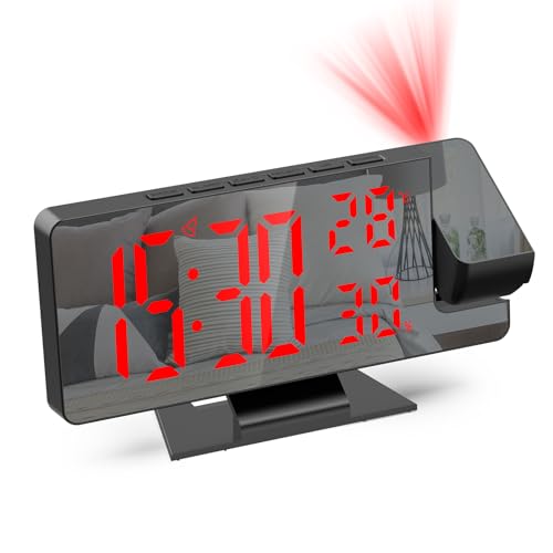 Ankilo Projektionswecker, Wecker Digitaler mit Temperatur & Feuchtigkeit, LED-Uhr, elektronische Tischuhr, Reisewecker, einstellbare Helligkeit, 12/24H Anzeige, Digitaluhr für Haus, Schlafzimmer,Büro von Ankilo