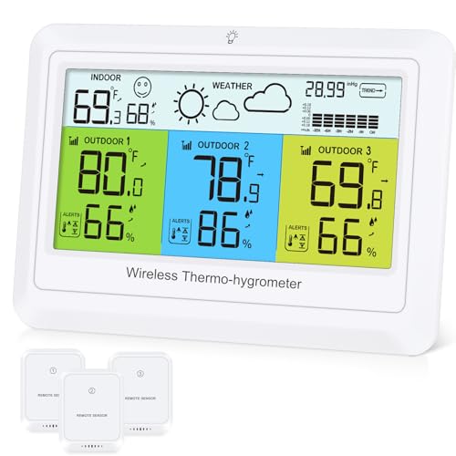 Ankilo Wetterstation Funk mit 3 Außensensor,Farb-LCD-Bildschirm Funkwetterstation mit Wettervorhersage,Luftdruck,Thermometer innen außen,Raumthermometer Reichweite bis zu 100m,Weiß von Ankilo