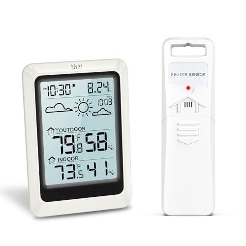 Ankilo Wetterstation Funk mit Außensensor,4 Zoll Luftfeuchtigkeit Monitor Wireless mit Wettervorhersage,Außen Innen Thermometer Hygrometer Raumthermometer Funk,Digital Raumthermometer,Wecker,Funkuhr von Ankilo