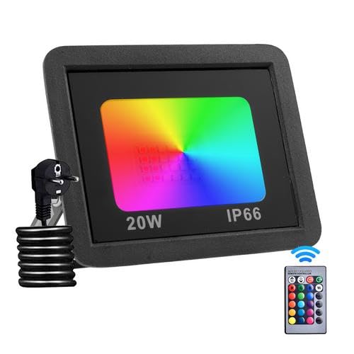 Ankishi 1 Pack RGB Led Strahler,20W Außenlampe Mit Fernbedienung,Aluminiumdruckguss RGB-Farbwechsel Flutlicht,Ip66 Wasserdicht,Speicherfunktion Gartenstrahler Led Außen,Discolicht,Partylicht von Ankishi