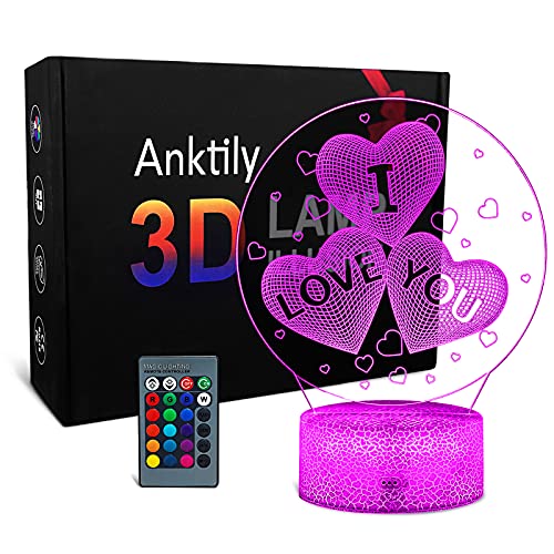 3D Nachtlicht für Mädchen, Ich Liebe Dich 3D Illusion Lampe,Geschenke für Kinder Männer Frauen, 16 Farben mit Fernbedienung,Geburtstag Geschenk von Anktily