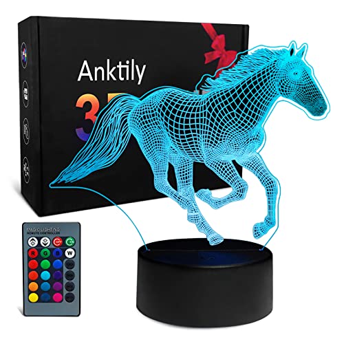 3D Pferdelampe Illusion Lampe für Kinder, Pferd 3D Nachtlicht 16 Farbfernbedienung Tischlampe Schreibtischlampe, Pferde Geschenke für Mädchen Jungen von Anktily