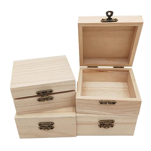 Anktily 4 Stück unlackierte Holzkisten, 10 x 10 x 5 cm, rustikale kleine Holzkiste mit Verriegelungsverschluss, DIY Handwerk Aufbewahrungsbox Organizer Box für Zuhause Tischdekoration von Anktily